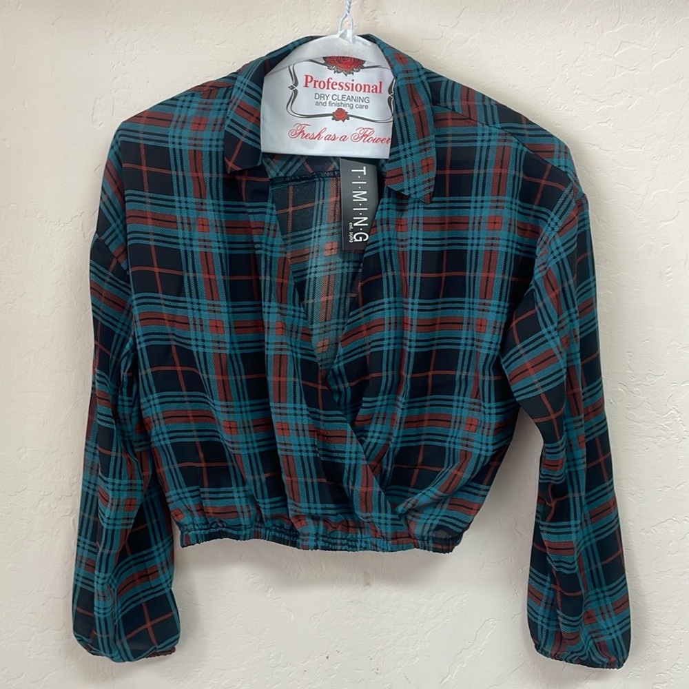 TIMING Blue Orange Plaid Print Semi Sheer Bubble Sleeve V Neck Top Medium